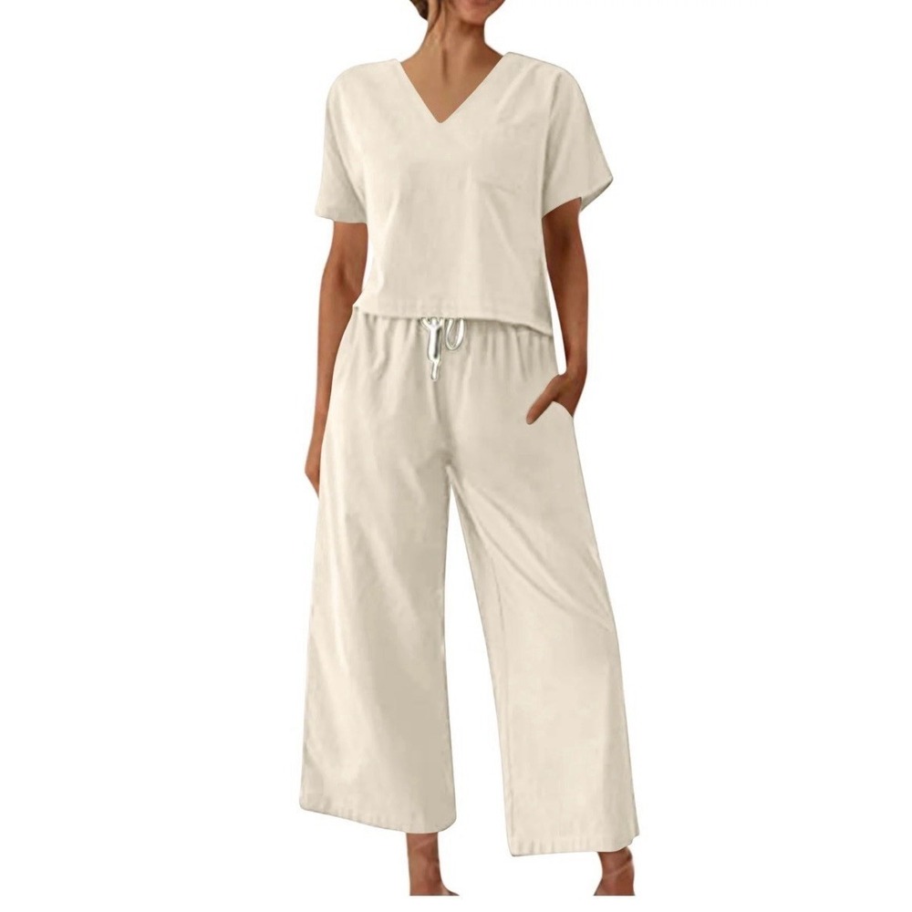 Womens 2 Piece Cotton Blend Outfit V-Neck Top W/Pocket Cropped Pants Ivory Large